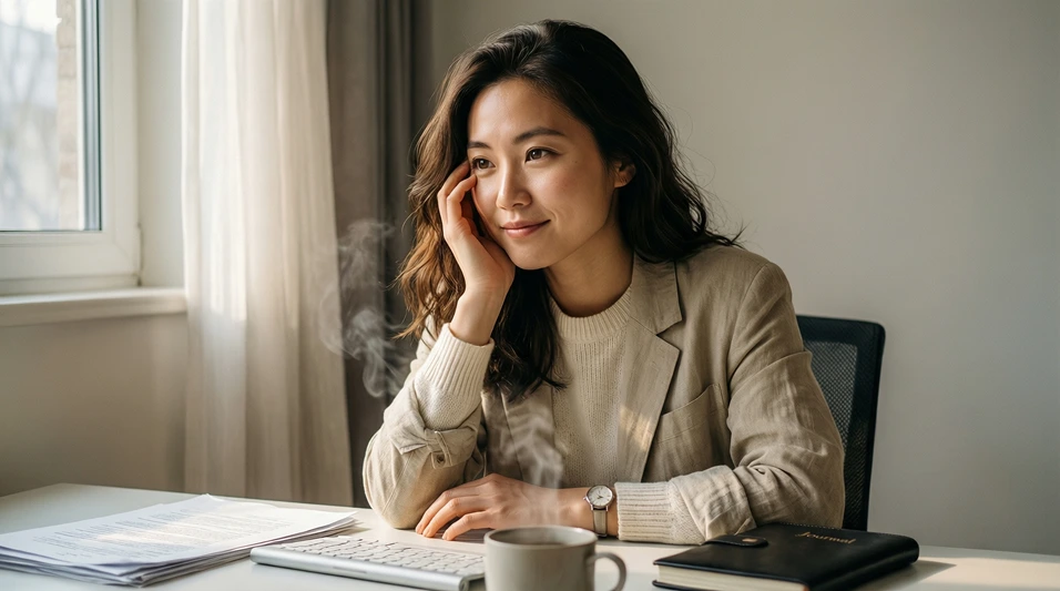 Persona pensativa sentada en un escritorio con documentos, reflexionando sobre su situación fiscal