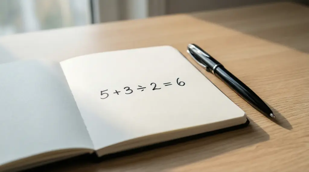 Cuaderno abierto con fórmula matemática sencilla y bolígrafo sobre escritorio limpio