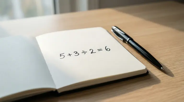 Cuaderno abierto con fórmula matemática sencilla y bolígrafo sobre escritorio limpio