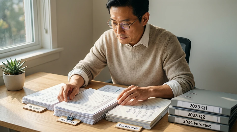 Persona organizando documentos financieros y notas en un escritorio ordenado