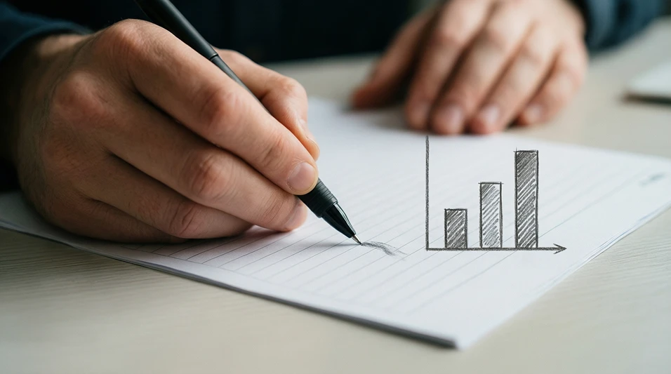 Manos con bolígrafo tomando notas sobre un papel con un gráfico de barras sencillo