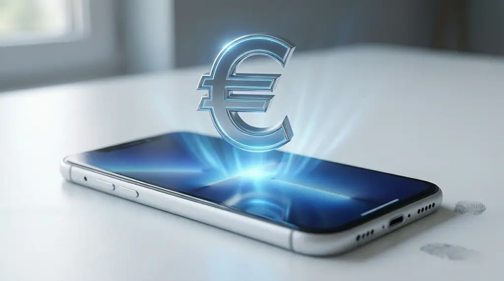 Monedero digital con símbolo de euro flotando sobre un smartphone