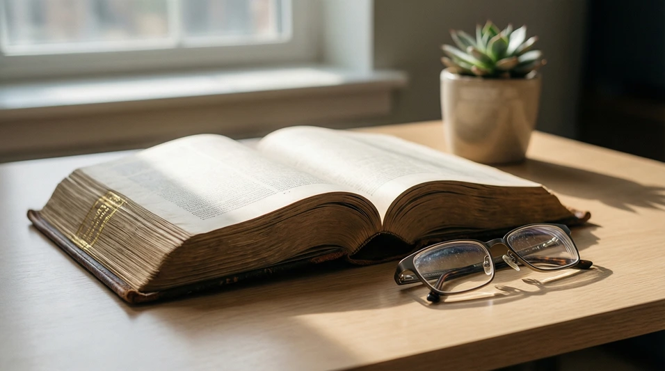 Libro de legislación abierto sobre un escritorio con gafas de lectura