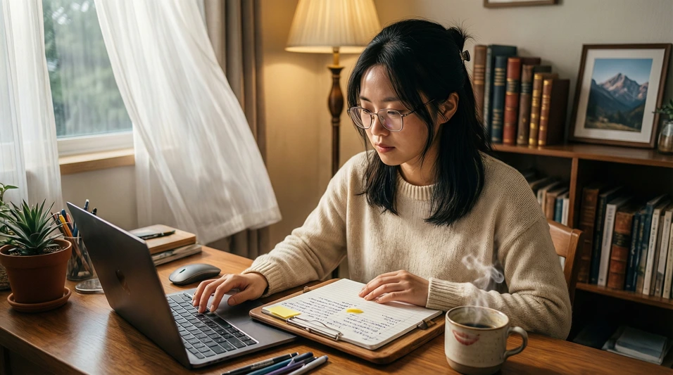Persona tomando notas en un cuaderno junto a un ordenador portátil en casa