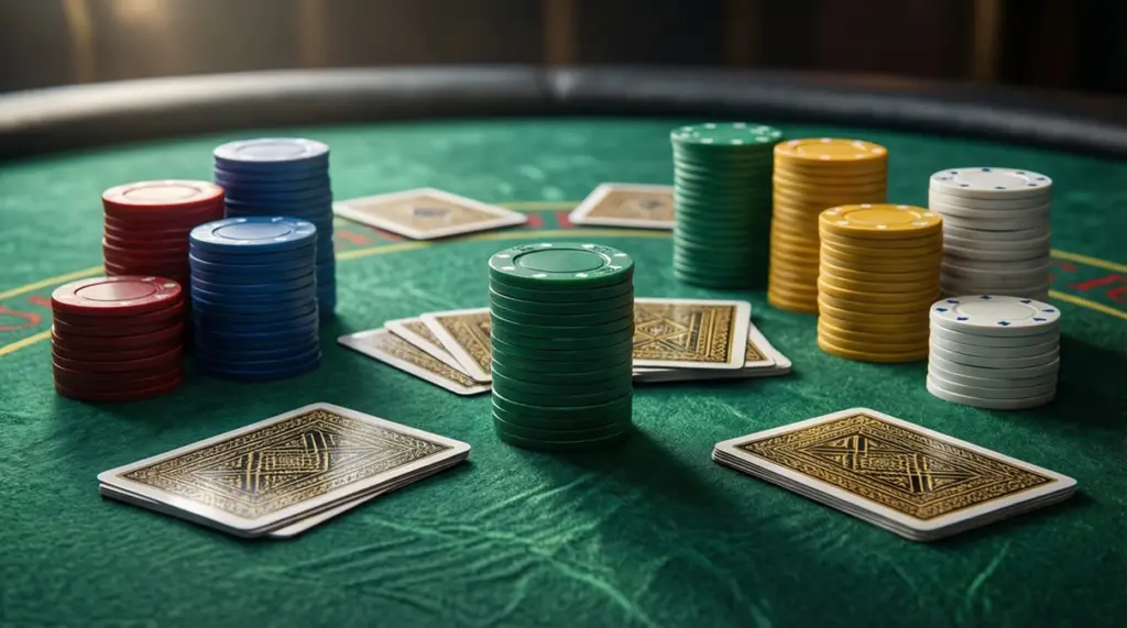 Mesa de póker verde con fichas y cartas dispuestas elegantemente