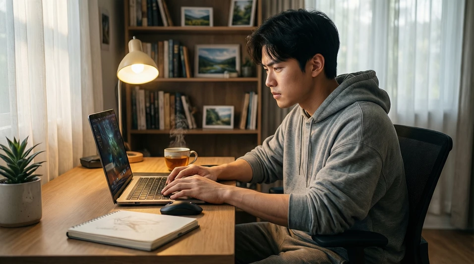Persona concentrada jugando en un ordenador portátil en un ambiente tranquilo
