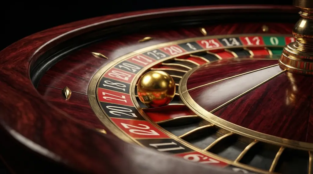 Ruleta de casino elegante con bola dorada sobre fondo oscuro