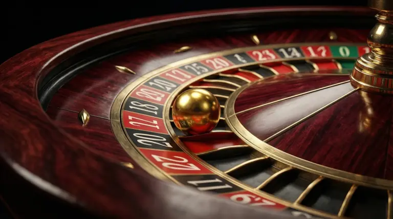 Ruleta de casino elegante con bola dorada sobre fondo oscuro