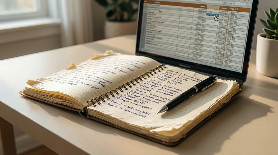 Cuaderno abierto con anotaciones junto a un ordenador portátil en un escritorio