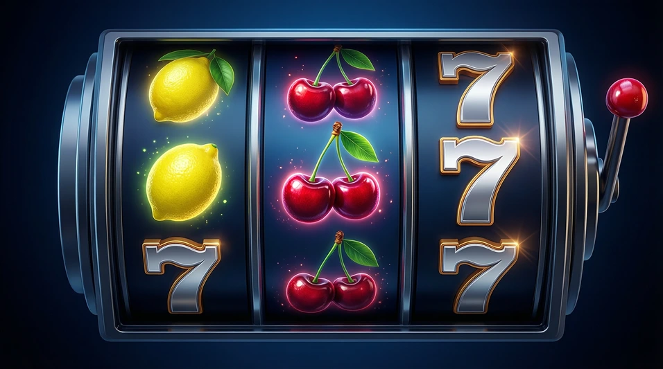 Pantalla colorida de máquina tragaperras mostrando símbolos de frutas