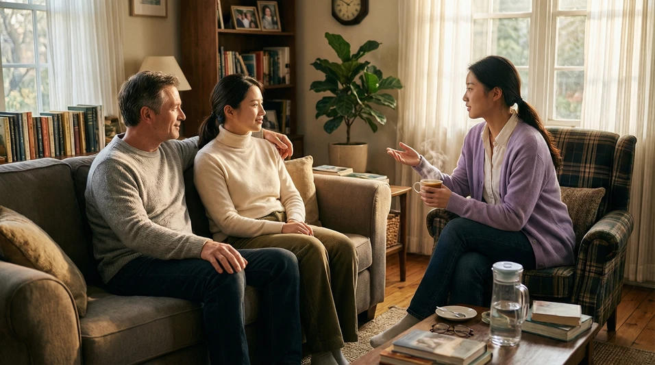 Familia reunida en el salón de casa conversando