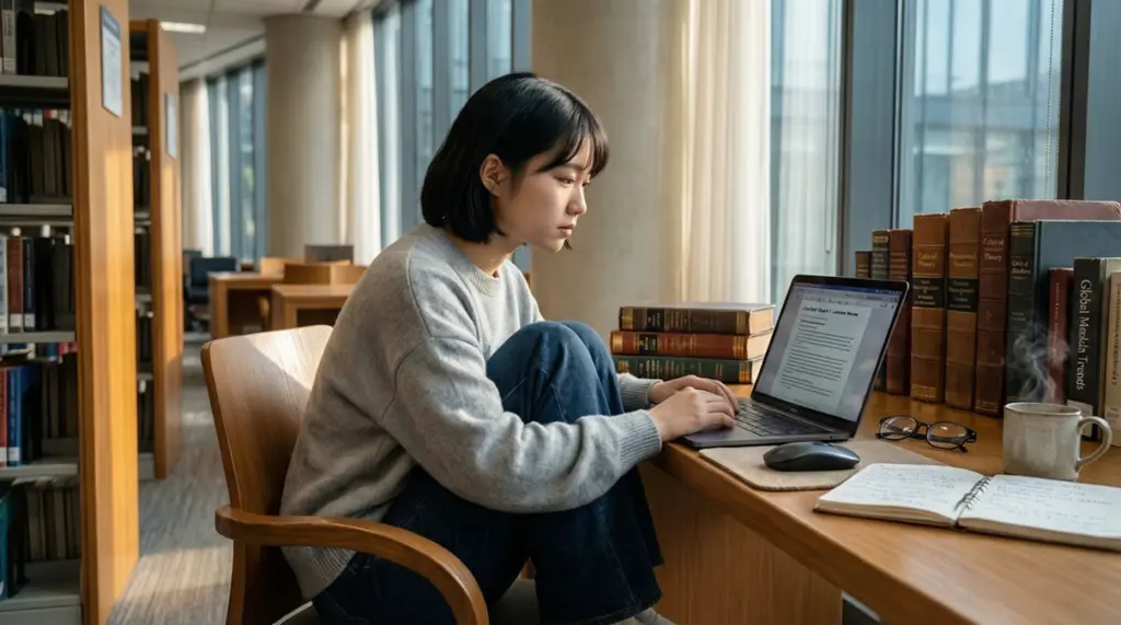 Joven estudiante en biblioteca con libros y ordenador portátil