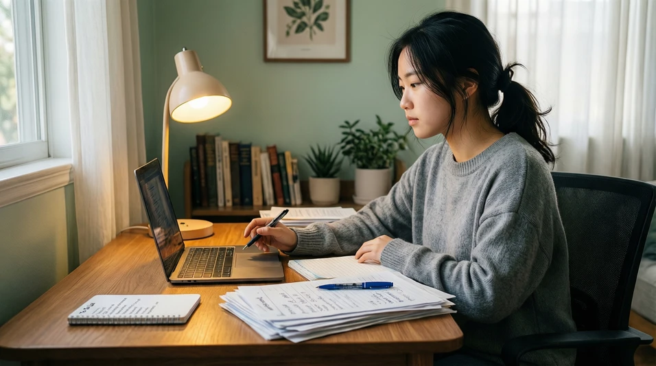 Joven tomando notas en un escritorio con papeles y ordenador