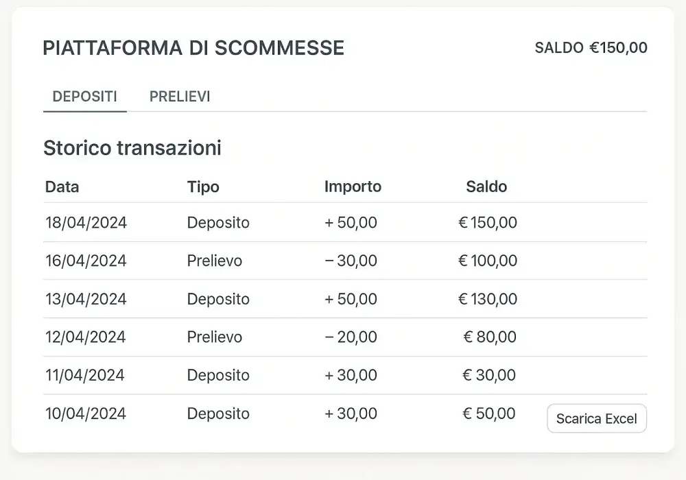 Interfaz de casas de apuestas mostrando historial de depósitos y retiradas para declaración fiscal